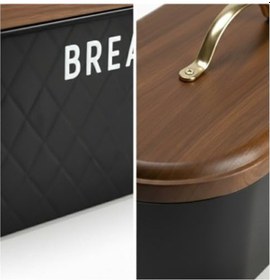 Resim Siyah Metal Ekmek Kutusu 33x18x18 Cm Ahşap Kapaklı Büyük Hacimli Ekmeklik Kulplu Modern Mutfak Depolama Kabı Uzun Süre Taze Saklama 