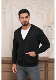 Resim Woolen World Regular Fit V Yaka Ön Cepli Desenli Triko Hırka Siyah 