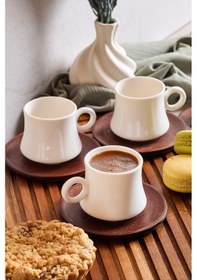 Resim Dark 6'lı Akasya Tabaklı Modern Porselen Kahve Fincanı Seti Beyaz Beyaz 