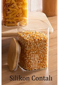 Resim Porsima 6-3 Bambu Vakumlu Kapaklı Kare Borsilikat Cam 9lu Kavanoz Seti Saklama Kabı 1250ml 9,5x15cm Ahşap - Şeffaf 