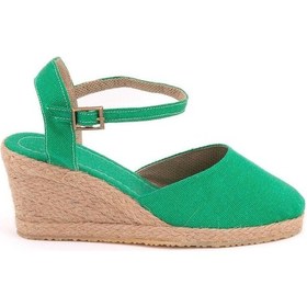 Resim Star Tombis Gerçek Elişi Topuğu Açık Bilekten Bantlı Dolgu Topuk Keten Hasır Espadril Handmade Yeşil 