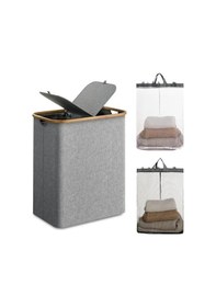 Resim 150 Lt Katlanır Kumaş Bambu Çamaşır Sepeti 2 Bölmeli İçi Fileli Kirli Çamaşır Sepeti Gri 