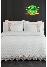 Resim Evlen Home %100 Pamuk May Dantelli Yatak Örtüsü Çift Kişilik Elyaf Dolgulu Kapitone Pike Takımı Güpürlü Beyaz 