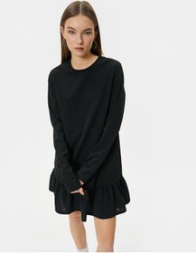 Resim Koton Mini Elbise Uzun Kollu Yuvarlak Yaka Etek Ucu Fırfırlı Siyah 4sal80041ık 4SAL80041IK999 Siyah 