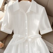 Resim Kadınlar için Rahat Düğmeli Gömlek - Kısa Kollu, Bol Kesim, Düz Beyaz, Yaz Stili, Hafif Polyester, Günlük Giyim İçin Mükemmel, Bayanlar T Şalları 