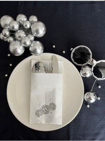 Resim Gümüş Yaldızlı Beyaz Disco Topu Cepli Peçete 12 Adet 40x40 