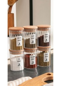 Resim 6 Lı Baharatlık Seti - Vakumlu Ahşap Kapak 450 Ml Şeffaf Akrilik Cam Değildir Etiketli Çok Renkli 
