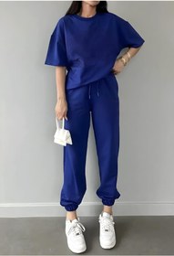 Resim trendgar duz mavi kadın eşofman takımı t-shirt-jogger 