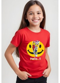 Resim Panios Kids Emoji Baskılı Kız Çocuk Kısa Kollu T-shirt Kırmızı 