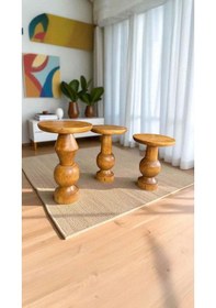 Resim Masif Tik Renk Ahşap Yan Sehpa 3 Lü Yan Sehpa Zigon Seti Kahverengi 