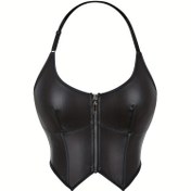 Resim Hafif Tasarım | Kadınlar için Kırmızı Suni Deri Punk Tarzı Halter Korse Üst, Ön Fermuar ve Ayarlanabilir Askılar - İlkbahar/Yaz/Sonbahar Modası için Seksi Sırtı Açık Tasarım 