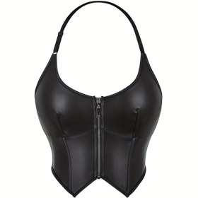 Resim Hafif Tasarım | Kadınlar için Kırmızı Suni Deri Punk Tarzı Halter Korse Üst, Ön Fermuar ve Ayarlanabilir Askılar - İlkbahar/Yaz/Sonbahar Modası için Seksi Sırtı Açık Tasarım 
