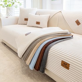 Resim 1 adet HF Peluş Koltuk Kılıfı - Kalın Flanel, Çizgili Tasarım, Kaymaz Koltuk Koruyucu Evcil Hayvanlar İçin, Makinede Yıkanabilir, Modern Ev Dekoru, Tek Kişilikten Dört Kişilik Koltuklara Uygun, Nötr Renkler (Bej, Kahverengi, Mavi, Açık Gri), Evcil Hayvan Dostu Kılıf | Şık Suni Deri Yama | Kabartmalı Yüzey 