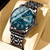 Resim KASRLUO Erkekler için Lüks İş Kuvars Saati Çift Tarih Göstergeli, Işıklı Akrep ve Yelkovan, Paslanmaz Çelik Bant, Mavi Kadran - Sevgililer Günü, Noel, Babalar Günü İçin Mükemmel Hediye 