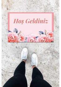 Resim Dijital Baskı Pembe Gül Desen Kapı Önü Paspası K-1011 