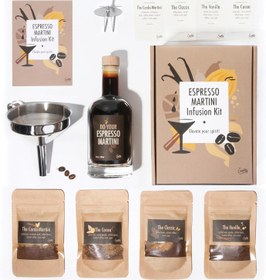 Resim Espresso Martini Demleme Seti, 4 Farklı Karışım, Cam Şişe ve Süzgeçli Huni ile 