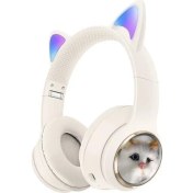 Resim Torima HD11 Beyaz Sevimli Kedi Karikatür Kulak LED Işıklı 5.3 Bluetooth Kulak Üstü Kulaklık 