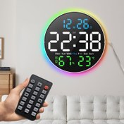 Resim 25,4 cm Büyük LED Dijital Duvar Saati RGB Işık, Otomatik Parlaklık ve Gece Işığı, 2 Alarm, Sessiz Çalışma, Tarih ve Sıcaklık Gösterimi, Uzaktan Kumanda, USB Güçlü - 3 AAA Pili Dahil Değil, Salon İçin Duvar Saati 
