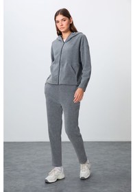Resim Tommy Life Gri Melanj Kalın Yumuşak Dokulu Kapüşonlu Oversize Nakışlı Polar Kadın Eşofman Takım -95338 GRİ MELANJ 