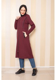 Resim İbrahim Burak Etiler Collectıon Cepli Kapşonlu Tesettür Kap Bordo Bordo 