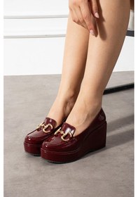 Resim Zenne Shoes Dolgu Topuklu Tokalı Kadın Ayakkabı Bordo Rugan 