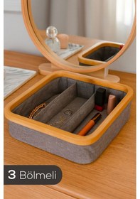 Resim Ahşap Çerçeveli 3 Bölmeli Kumaş Makyaj Ve Kozmetik Organizer 