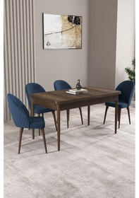 Resim Milas Barok Desen 80x132 Mdf Açılabilir Yemek Masası Takımı 4 Adet Sandalye Lacivert 