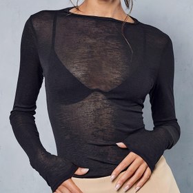 Resim Kadınların Y2K Modası Uzun Kollu Tişörtü, Düz Renk Örgü Polyester %97 Spandex %3 Kumaş, Tüm Mevsimler İçin Esnek Tişört Kesikli Tasarımıyla 