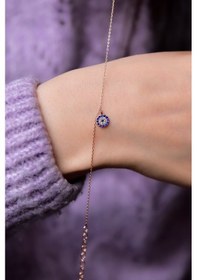 Resim 925 Ayar Gümüş Rose Kaplama Zirkon Taşlı Nazar Boncuğu Bileklik 