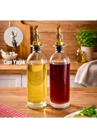 Resim Porsima 3890 Gold Sızdırmaz Kapaklı Cam 2 Li Yağlık Sirkelik Yağdanlık Seti 500+500 Ml Şeffaf-gold 
