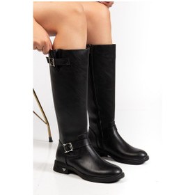 Resim Siyah Kadın Çizme Düz Topuklu Bilek Kemerli-4284 Siyah 