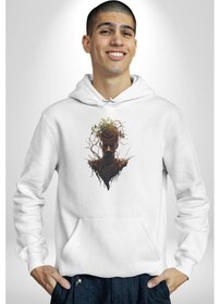 Resim Ağaç Adam Kökler Felsefe Kadın Erkek Beyaz Kapüşonlu Sweatshirt Hoodie Beyaz 