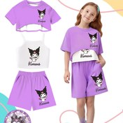 Resim Sanrio Kuromi Kız Modası 3'lü Set Sevimli Karikatür Baskılı Tatlı Dış Mekan Kısa Kollu Atlet ve Şort Takımı Tüm Mevsimler İçin Uygun Doğum Günü Hediyesi, Mükemmel Dış Mekanlar İçin 