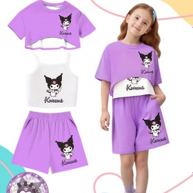 Resim Sanrio Kuromi Kız Modası 3'lü Set Sevimli Karikatür Baskılı Tatlı Dış Mekan Kısa Kollu Atlet ve Şort Takımı Tüm Mevsimler İçin Uygun Doğum Günü Hediyesi, Mükemmel Dış Mekanlar İçin 