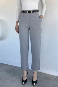 Resim Kadın Kemerli Duble Paça Pantolon Gri TZL-P-00020730 