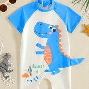Resim Erkek Çocuk Yaz Karikatür Dinozor Sevimli Üç Boyutlu Kuyruk Yuvarlak Yaka Uzun Kollu Vücut Takımı Fermuarlı Gezi Oyunları için Uygun 