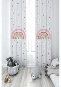 Resim Mekta Home Bebek Ve Çocuk Odası Gökkuşağı Ve Kalp Desenli 2 Kanat Fon Perde 