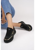 Resim Muggo Happy Garantili Kadın Ortopedik Günlük Bağcıklı Şık Rahat Sneaker Spor Ayakkabı Siyah - Altın 
