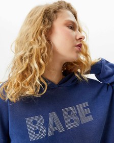 Resim Şardonlu Uzun Kapşonlu Sweatshirt İşlemeli Şarbonlu Pamuklu Rahat Kalıp 