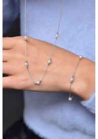 Resim Papatya Silver 925 Ayar Gümüş Rodyum Dorika Toplu Incili Kolye Bileklik Set 