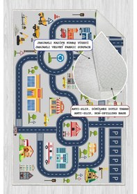 Resim Dijital Baskılı Dekoratif Kaymaz Taban Yıkanabilir Trafik Parkı Temalı Modern Çocuk Halısı Gri 