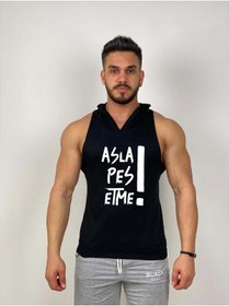 Resim Black İstanbul Black - Asla Pes Etme Baskılı - Tank Top Gym Kapşonlu Hoodie Sporcu Atleti 