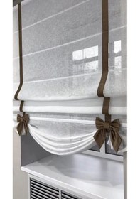 Resim Katlamalı Keten Tül Perde Biyeli Ve Fiyonk Detaylı Özel Tasarım Kahverengi 