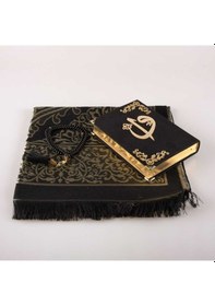 Resim Seccade + Tesbih + Kuran Hediye Seti (Hafız Boy, Kadife, Siyah) 