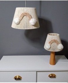 Resim Ekru Makrome Avize Abajur Set Ahşap Boncuklu Bebek Çocuk Odası E27 Uyumlu Ekru 