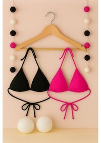 Resim Modadua Kadın Siyah Ve Fuşya Minimal Kesim Üçgen Bikini Üstü Çok Renkli 