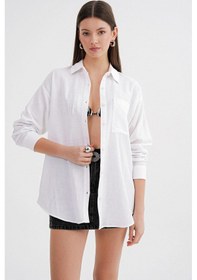 Resim Mixray 4670 Kadın Cepli Oversize Basic Keten Gömlek Beyaz 