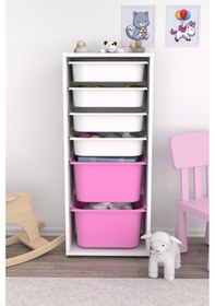 Resim Sepetli Oyuncak Dolabı Pembe Beyaz 2 Büyük 4 Küçük Beyaz - Pembe 