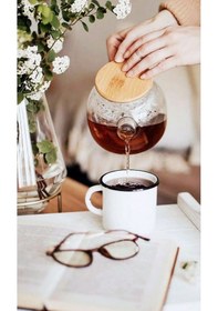 Resim 1000 Ml Cam Demlik Vakumlu Bambu Metal Kapaklı Isıya Dayanıklı Borosilikat / Süzgeçli Şeffaf 