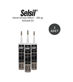 Resim Selsil Genel Amaçlı Antrasit Gri Silikon 280 Gr. 3 Adet Antrasit Gri 
